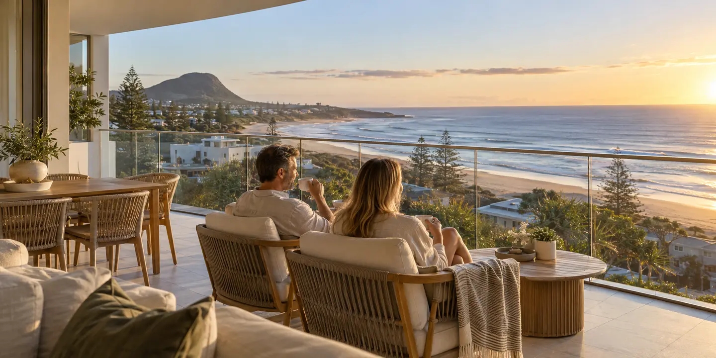 Couple enjoying an ocean-view Coolum Beach holiday apartment