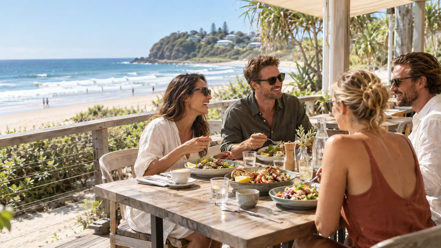 Friends enjoying beachfront dining in Coolum Beach
